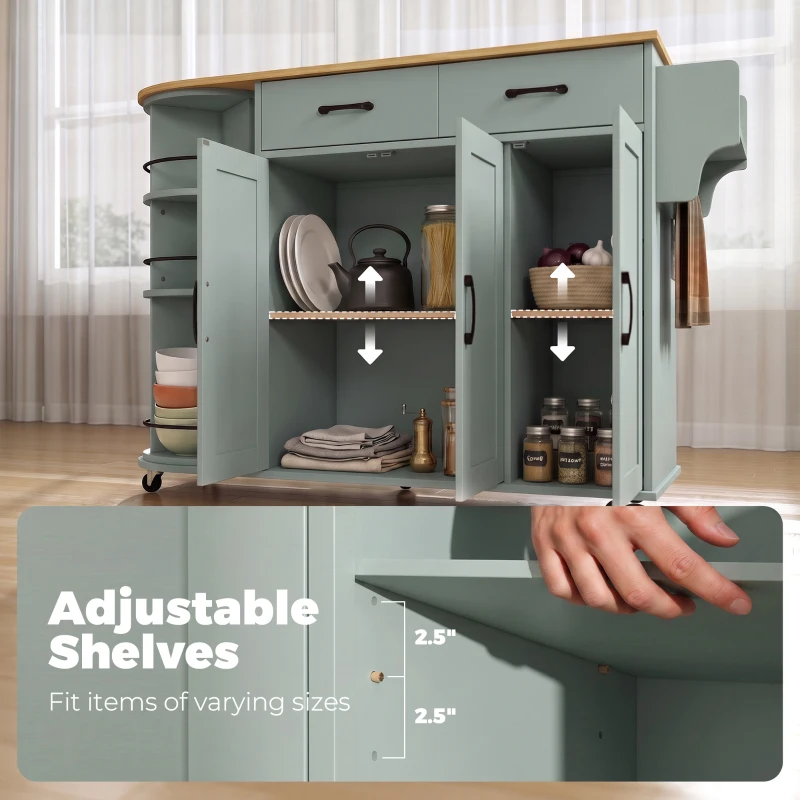 HOMCOM 53" Kitchen Island with Power Outlet and Drop Leaf, Kitchen Cart on Wheels with 360° Rotating Rack, Sage Green