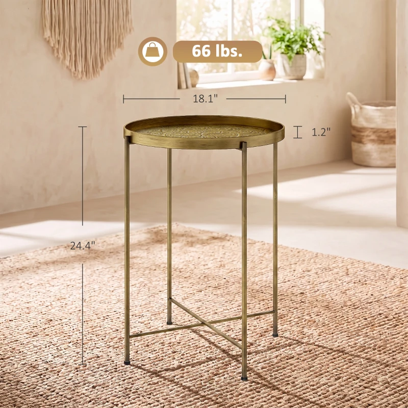 HOMCOM Coffee Table for Living Room, 18" Round Center Table with Hammered Tray Top and Metal Frame for Bedroom, Gold