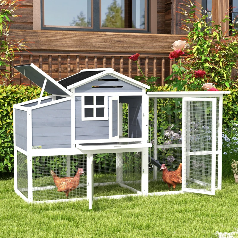 PawHut 76" Wooden Chicken Coop with Outdoor Run, Nesting Box, Tray, Door