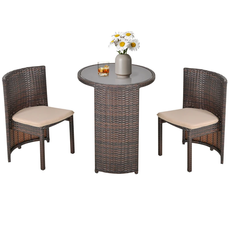 Outsunny 3 PCS Outdoor Rattan Wicker Bistro Set with Storage Shelf, Glass Top Table, Soft Cushioned Chairs and Space Saving Design, Patio Conversation Set for Garden Backyard Porch, Brown