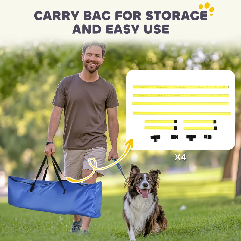PawHut 4 Piece Dog Agility Set with Adjustable Height Jump Bars, Carry Bag, Displacing Top Bar, Yellow Yellow