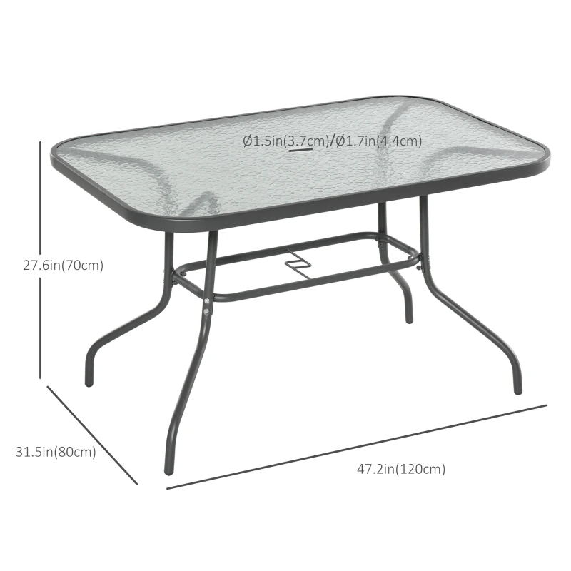 Outsunny Metal Garden Dining Table with Umbrella Hole, Outdoor Patio Table with Tempered Glass Top, 47.25" x 31.5"