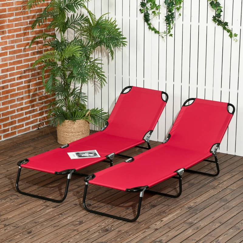 Outsunny 2 Piece Folding Chaise Lounge Pool Chairs, Outdoor Sun Tanning Chairs with 5-Level Reclining Back, Steel Frame, Red