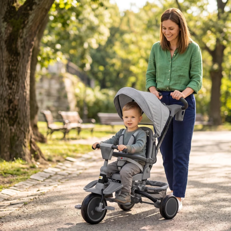 Qaba 6 in 1 Kids Tricycle with Adjustable Push Handle, Removable Canopy, Reversible Seat, for 1-5 Years, Gray