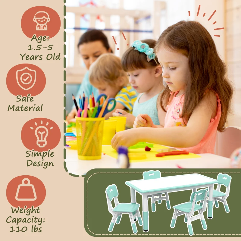 Qaba 5 Pieces Kids Table and Chairs, Height Adjustable Toddler Table and Chair Set with Storage, Easy to Wipe, Rectangular Table 4 Chairs for Classroom, for Daycare Classroom, 18 Months-5 Years, Green