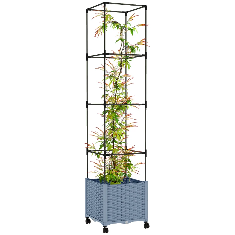Outsunny Raised Garden Bed with Trellis, Tomato Cage with Lockable Wheels, Self Watering Planter Box with Drainage Holes, Gray