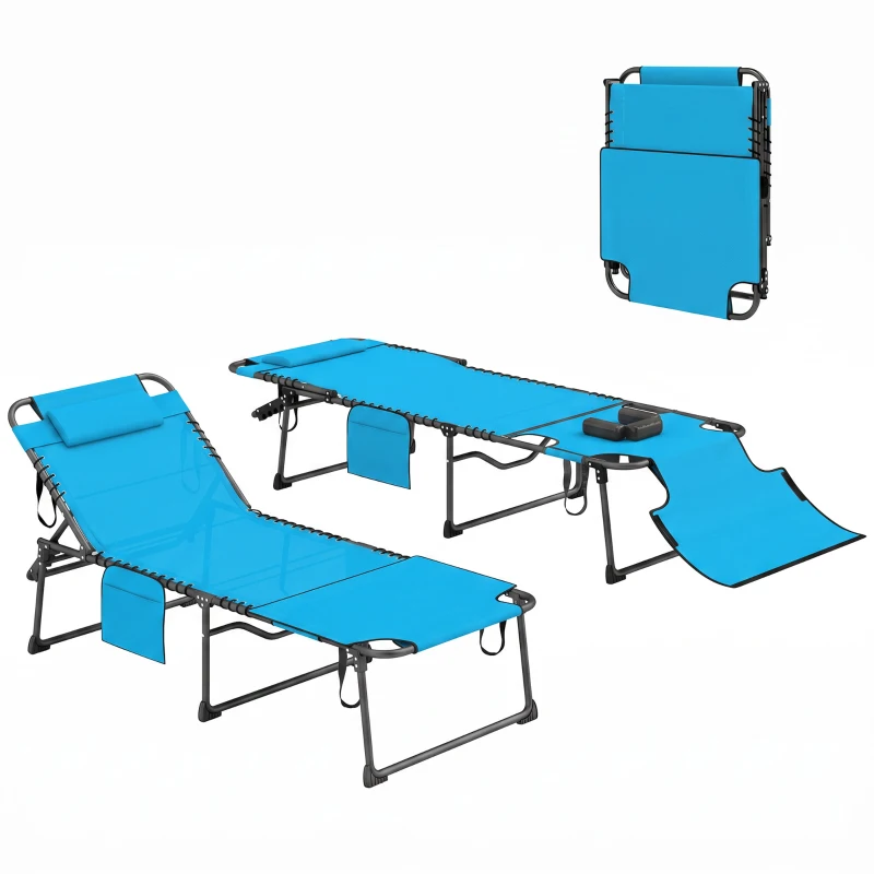 Outsunny 2 Piece Folding Chaise Lounge Pool Chairs with 5-level Reclining Back, Reading Hole, Side Pocket, Blue