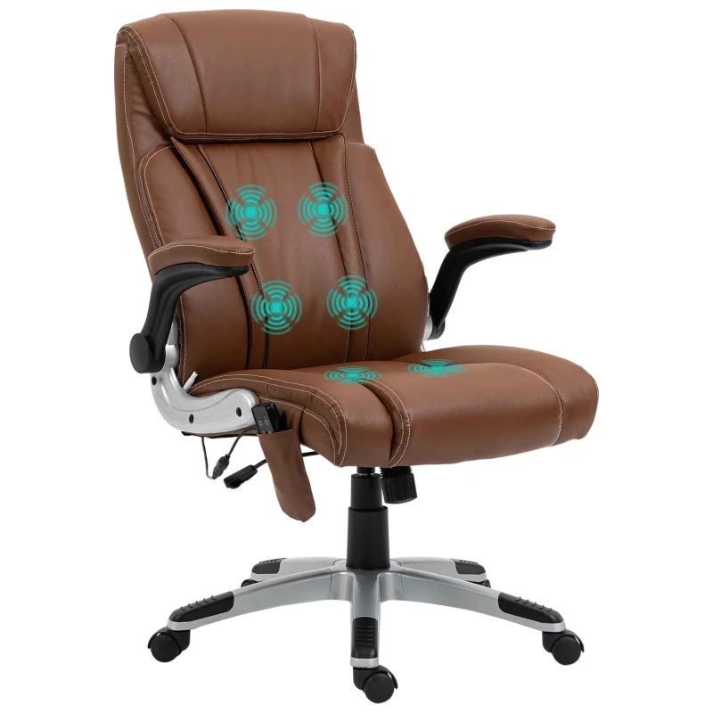 Vinsetto Executive Massage Office Chair with 6 Vibration Points, Heated Faux Leather Computer Desk Chair with Flip-up Armrest, Adjustable Height, Swivel Wheel, Brown
