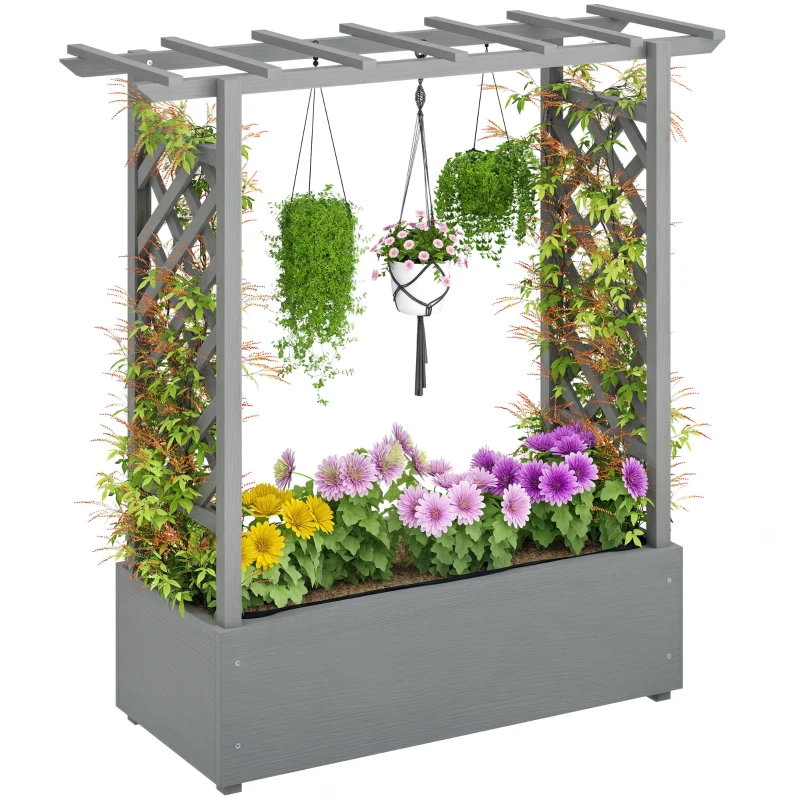 Outsunny Wooden Raised Garden Bed with Trellis, Outdoor Planter Box with Hanging Roof, Drainage Holes and Bed Liner