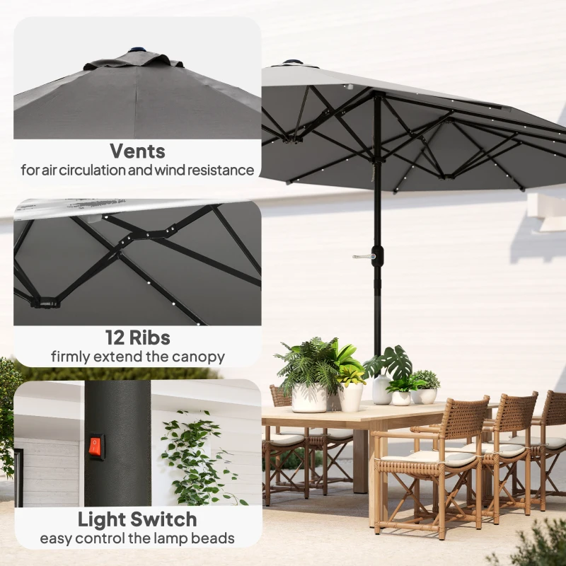 Outsunny 173" Double-Sided Sun Umbrella Garden Parasol Patio Sun Shade Outdoor with LED Solar Light, No Base Included, Dark Gre