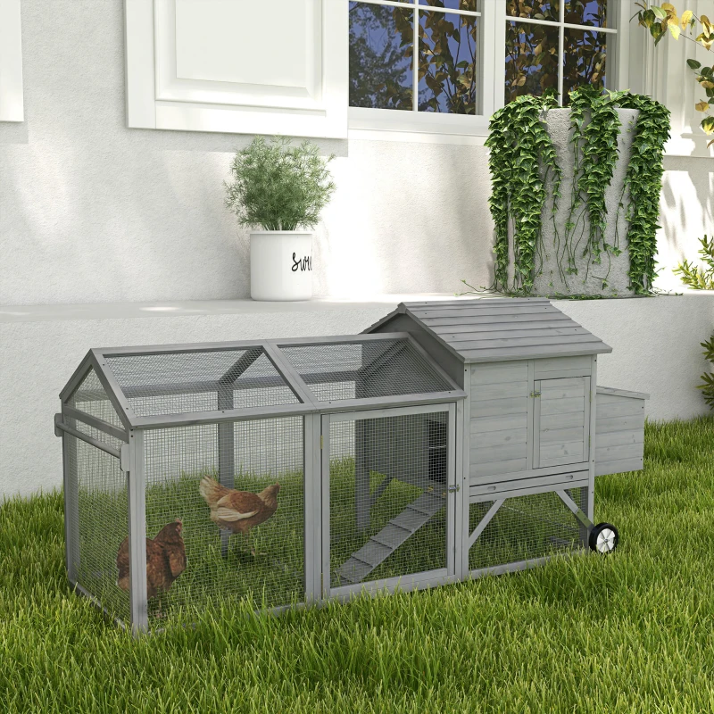 PawHut 96.5" Chicken Coop Wooden Hen House Poultry Cage Pen Portable with Wheels and Nesting Box, Chicken Cage for Backyard Outdoor, Gray