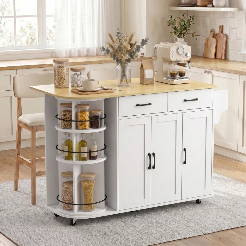 HOMCOM 53" Kitchen Island with Power Outlet and Drop Leaf, Kitchen Cart on Wheels with 360° Rotating Rack, White