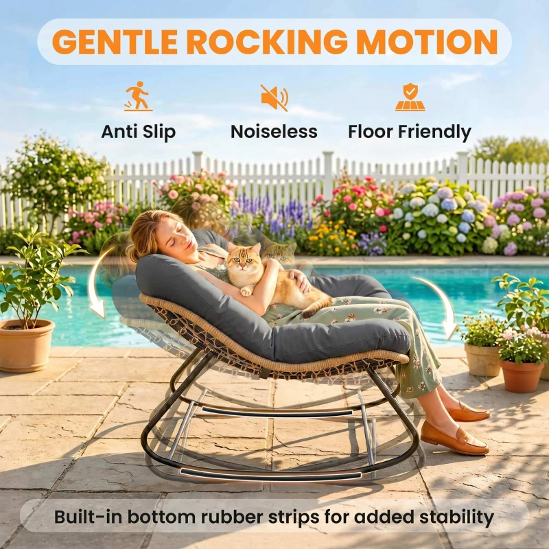 Outsunny Indoor Outdoor Papasan Rocking Chair, Oversized Rocking Egg Chair with Cushion for Garden, Patio, Dark Gray