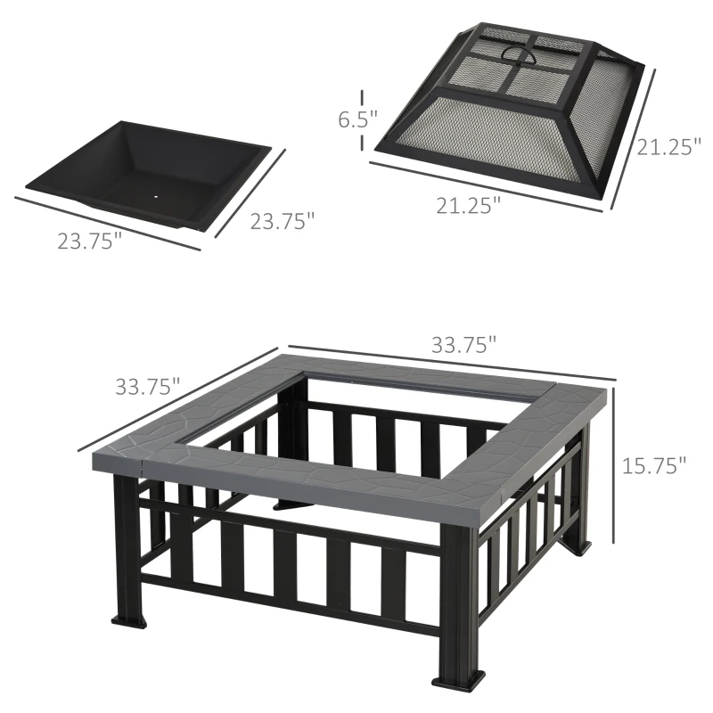 Outsunny 34" Outdoor Fire Pit Square Steel Wood Burning Firepit Bowl with Spark Screen, Waterproof Cover, Log Grate, Poker for Backyard, Camping, BBQ, Bonfire