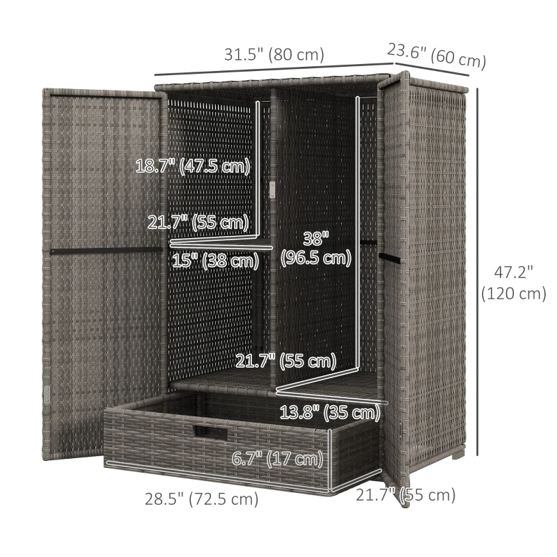 Outsunny Wicker Outdoor Storage Cabinet, 2-Door Rattan Pool Towel Storage Cabinet with Drawer & Removable Shelf, Dark Grey