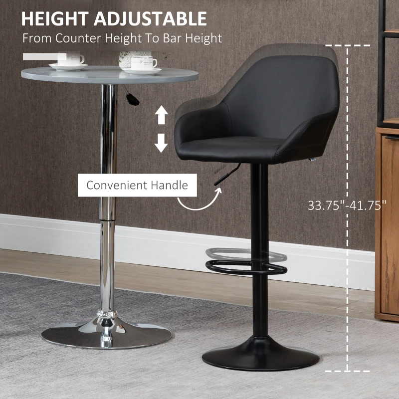 HOMCOM Adjustable Bar Stools, Swivel Counter Height Barstools with Footrest and Back, PU Leather and Steel Round Base, Black