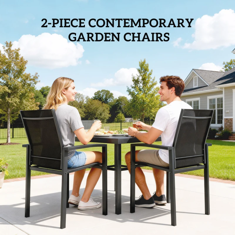 Outsunny Set of 2 Outdoor Garden Chairs, Stackable Patio Dining Chairs with Breathable Fabric, Armrests and Backrest, Black