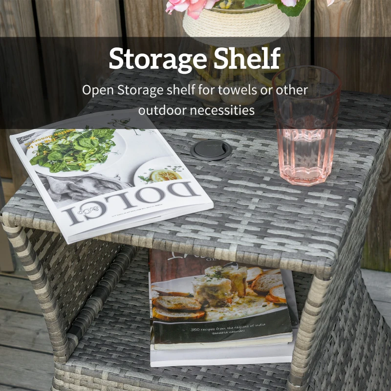 Outsunny Outdoor Side Table with Umbrella Hole, 2 Tier Rattan Wicker End Table with Storage Shelf, All Weather