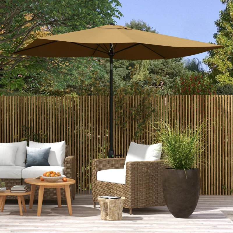 Outsunny 6.6' x 10' Rectangular Market Umbrella, Patio Outdoor Table Umbrella with Crank and Push Button Tilt, Coffee