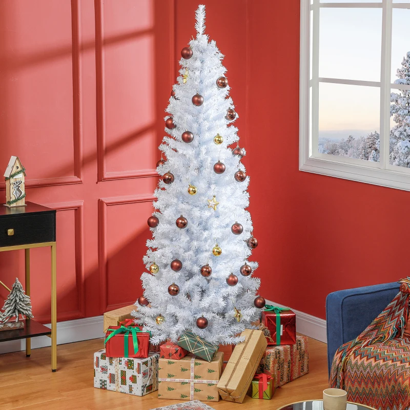 HOMCOM 6 FT Artificial Christmas Tree Pencil Xmas Tree with Stand, 618 Tips, Holiday Home Indoor Decoration for Party, White