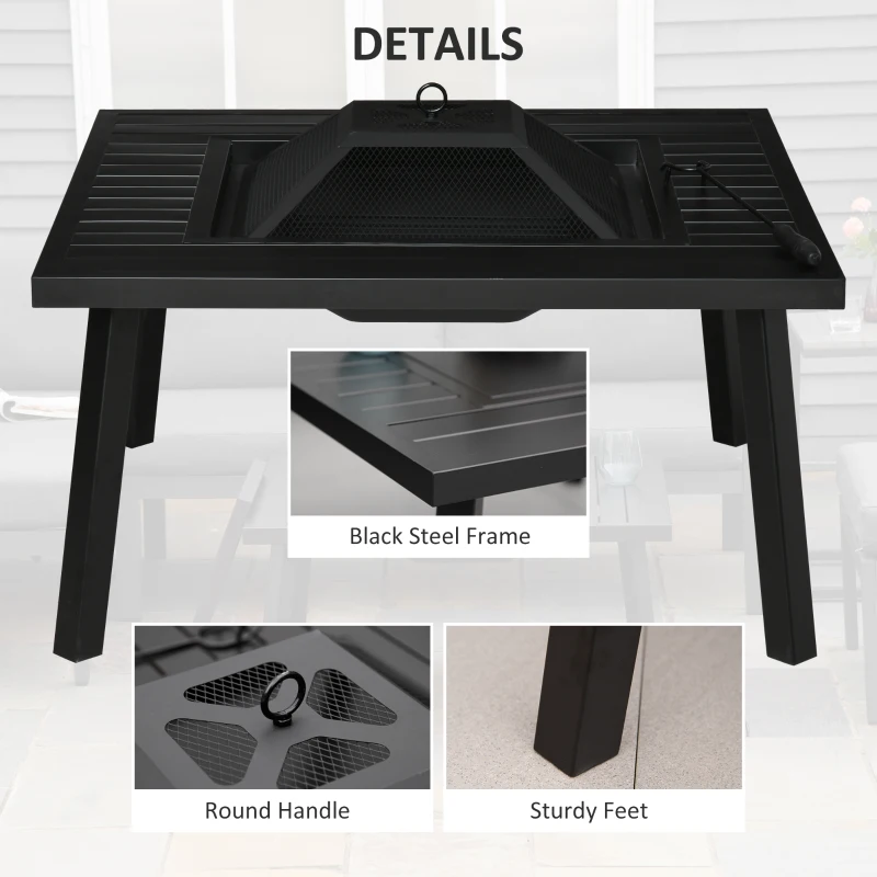 Outsunny 34" Fire Pit with Grill, Metal Outdoor Wood Burning Firepit with Spark Screen, Fire Poker, Cover, Table Lip, Black