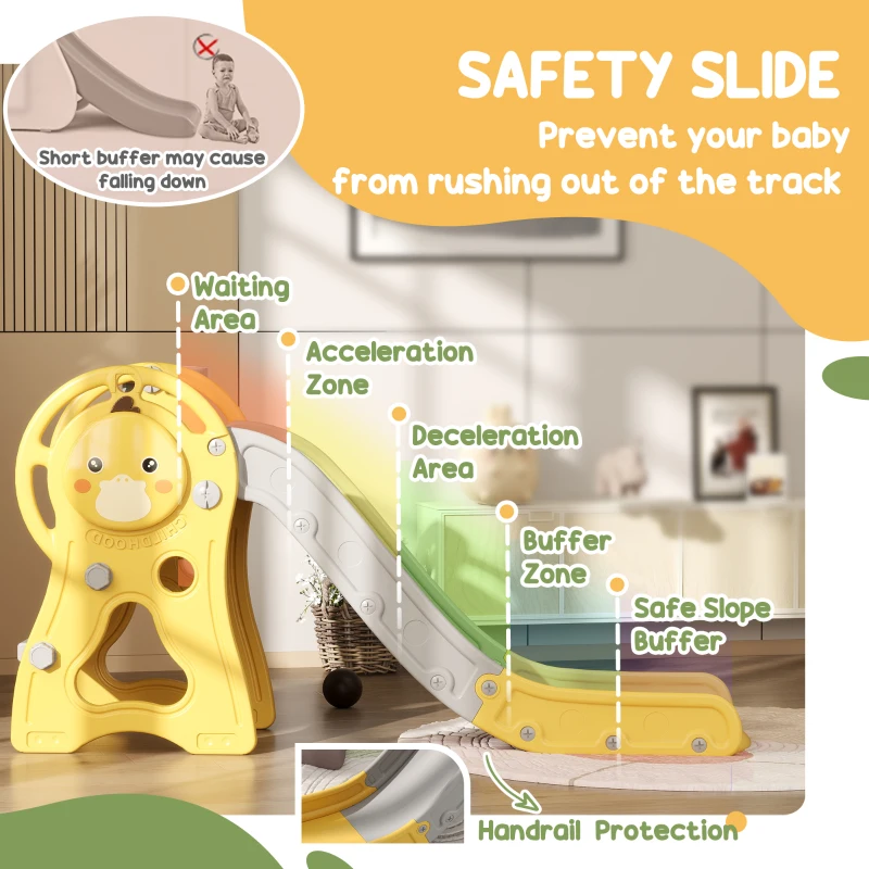 Qaba 3 in 1 Toddler Slide with Basketball Hoop, Climber, Duck Pattern for Kids 1-3 Years, Yellow