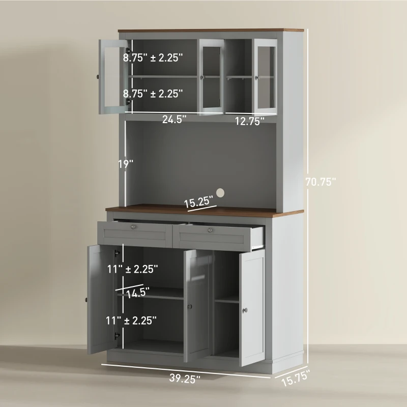 HOMCOM 71" Kitchen Pantry Cabinet with Microwave Stand, Kitchen Hutch with 2 Drawers and Adjustable Shelves, Gray(m-3)