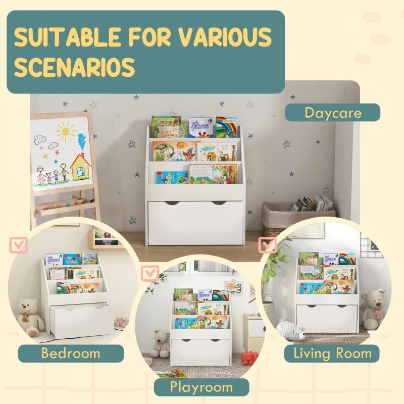 Qaba Kids Bookshelf with 3 Tier Display Shelves, Drawer for Nursery, White