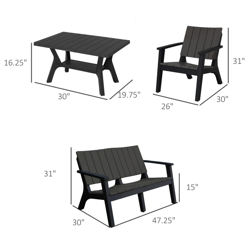 Outsunny 4-Piece Outdoor Patio Conversation Set Garden Furniture Set with Weather-Fighting PP Materials, Adirondack Comfort, & Coffee Table, Black