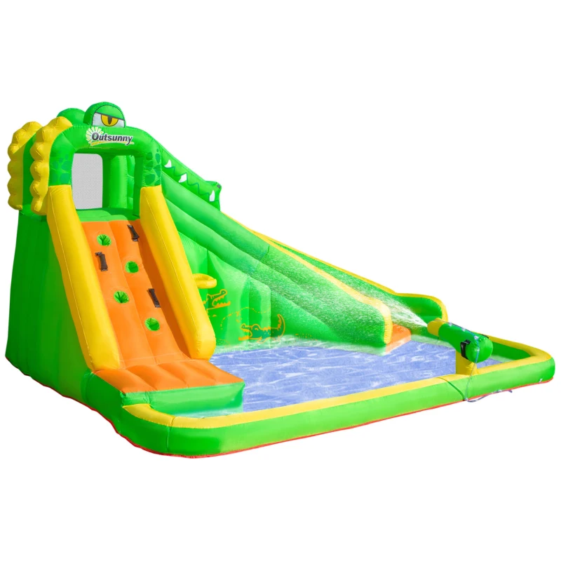Outsunny 6 in 1 Inflatable Water Slide for Kids Backyard Water Park Castle Bounce House Extra Large Crocodile Style with Basket, Cannon, Pool, Climbing Wall, Slide and Carrybag Without Air Blower