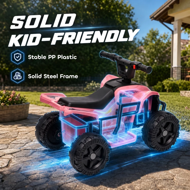 Qaba Kids ATV, 6V Battery Powered Kids Quad with 4 Wheeler, Handlebar Button Control, Max 1.2MPH, Max 55lbs Load, Light Pink