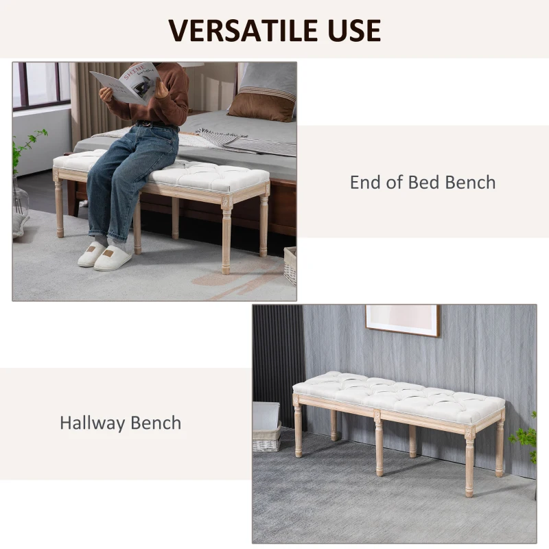 HOMCOM 46" Linen Upholstered Bedroom Bench, French End of Bed Bench with Thick Padded Cushion and Wooden Legs, Cream White