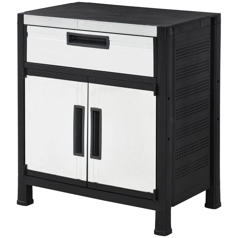 Outsunny Storage Sheds Outdoor Cabinet for Garden Tool with Adjustable Shelves, Ample Drawer with Waterproof PP & Galvanized Steel for Indoor/Outdoor Use