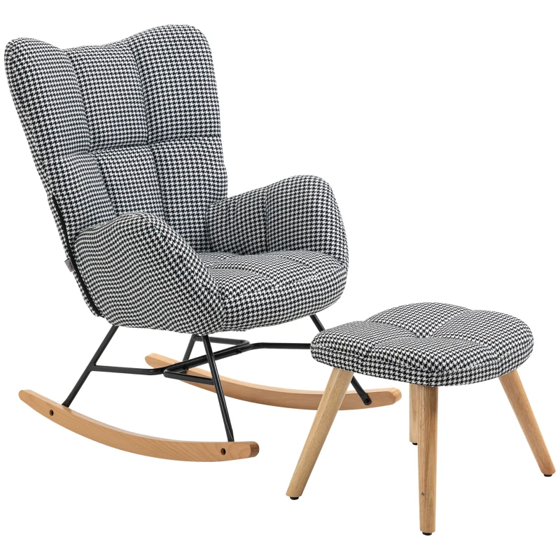 HOMCOM Glider Rocker with Ottoman Set, Houndstooth Nursery Rocking Chair, Upholstered Wingback Armchair for Living Room and Bedroom