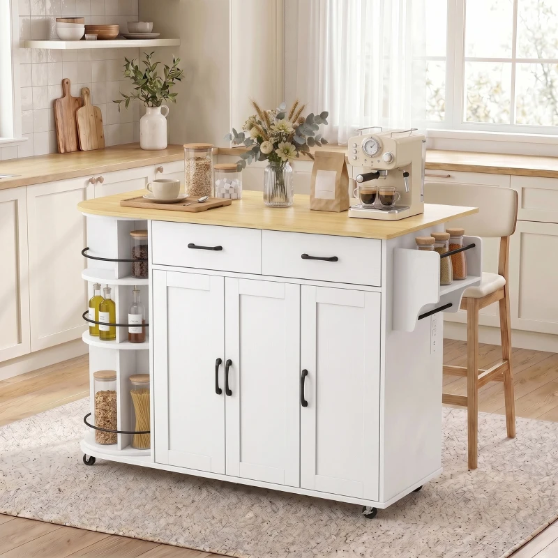 HOMCOM 53" Kitchen Island with Power Outlet and Drop Leaf, Kitchen Cart on Wheels with 360° Rotating Rack, White