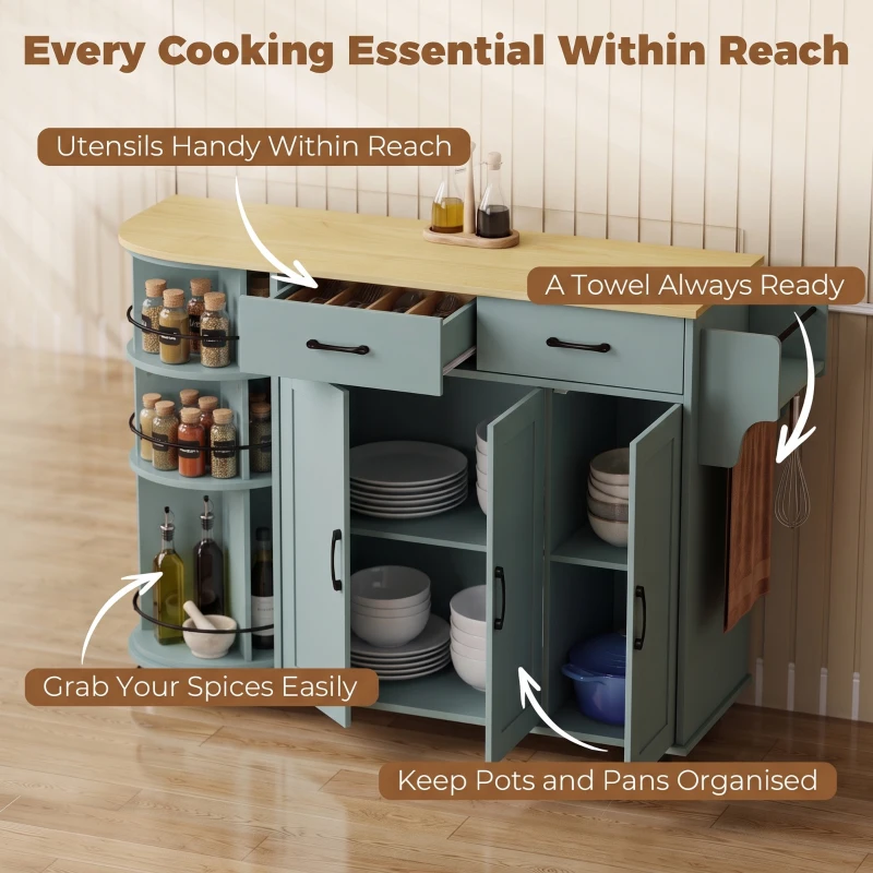 HOMCOM 53" Kitchen Island with Power Outlet and Drop Leaf, Kitchen Cart on Wheels with 360° Rotating Rack, Sage Green