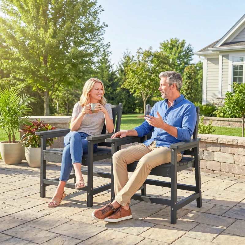Outsunny 2 Piece All-Weather Patio Chairs, HDPE Patio Dining Chair Set, Heavy Duty Wood-Like Outdoor Furniture, Gray