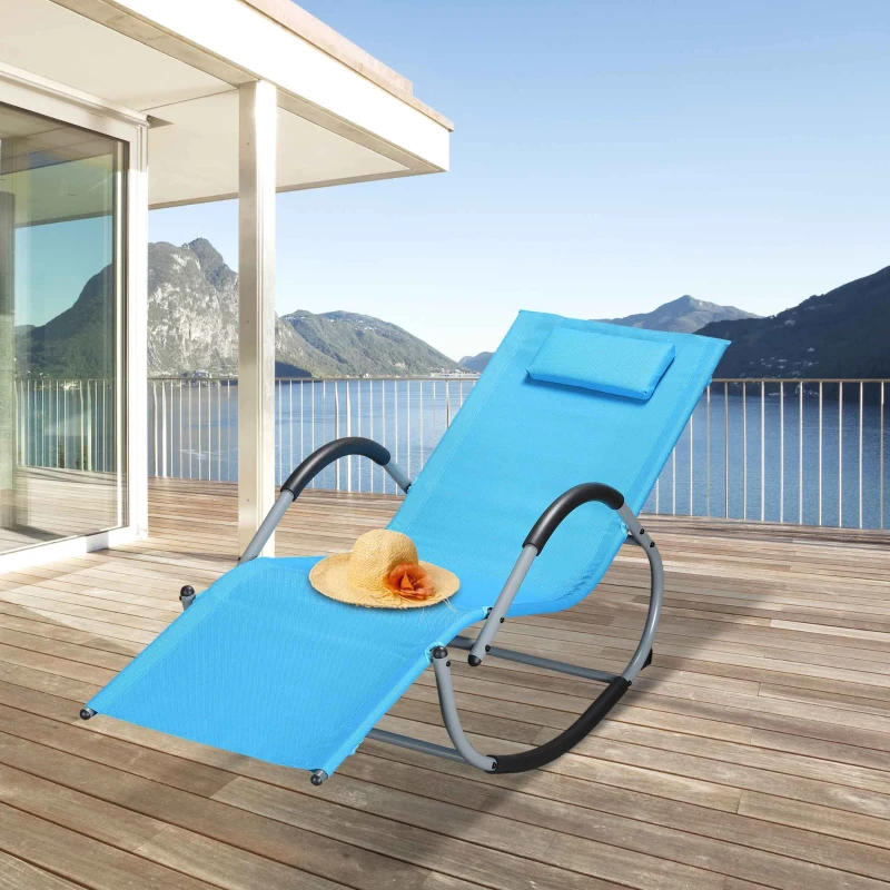 Outsunny Outdoor Rocking Chair, Chaise Lounge Pool Chair for Sun Tanning, Sunbathing Rocker, Armrests & Pillow for Patio, Lawn, Beach, Large, Blue