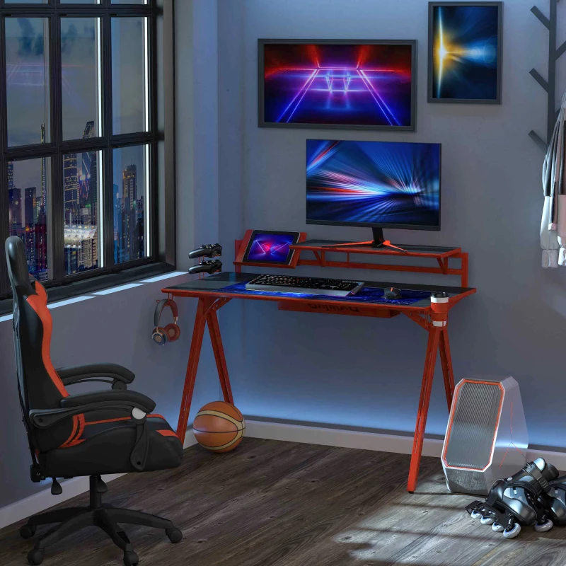 HOMCOM 53" Gaming Desk, Racing Computer Desk with Monitor Shelf, Gamepad Rack, Cup Holder, Headphone Hook, and Cable Basket, Red