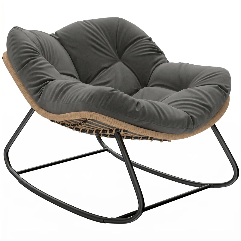Outsunny Indoor Outdoor Papasan Rocking Chair, Oversized Rocking Egg Chair with Cushion for Garden, Patio, Dark Gray