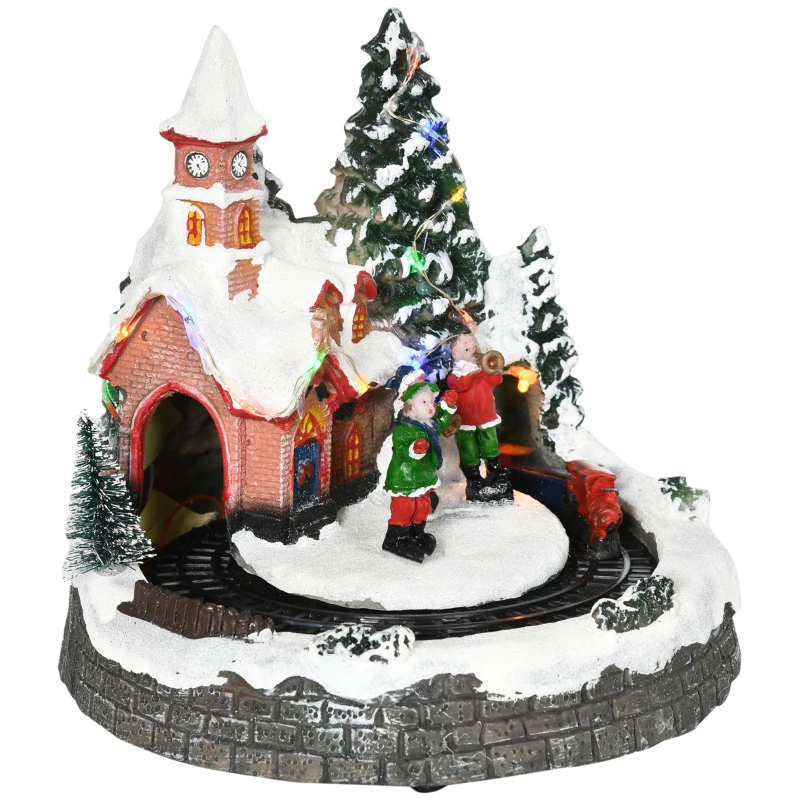 HOMCOM Animated Christmas Village Scene, Pre-Lit Musical Holiday Decoration with LED Lights, Rotating Train, 2 Musicians and 1 Commander