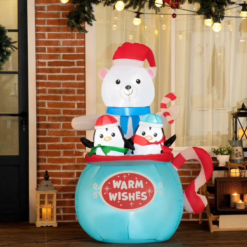 Outsunny 5ft Christmas Inflatables Outdoor Decorations Blessed Polar Bear and Penguins in the Cup