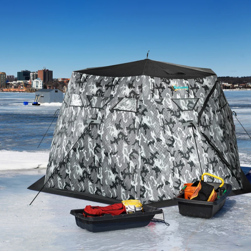 Outsunny 4 Person Insulated Pop-Up Ice Fishing Shelter, 360-Degree View, Portable Ice Fishing Tent Shanty with Carry Bag, Two Doors and Anchors for Low-Temp -22℉, Camouflage