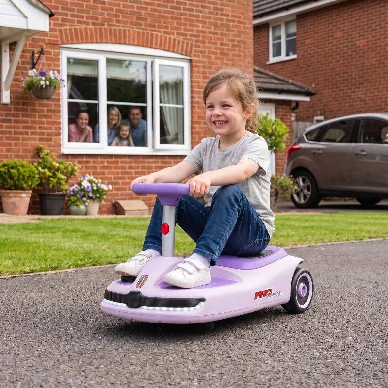 Qaba 12V Electric Wiggle Car with Convertible Steering Wheel Pull Handle, 2 Speed, Music, Lights for 3-5 Years, Purple