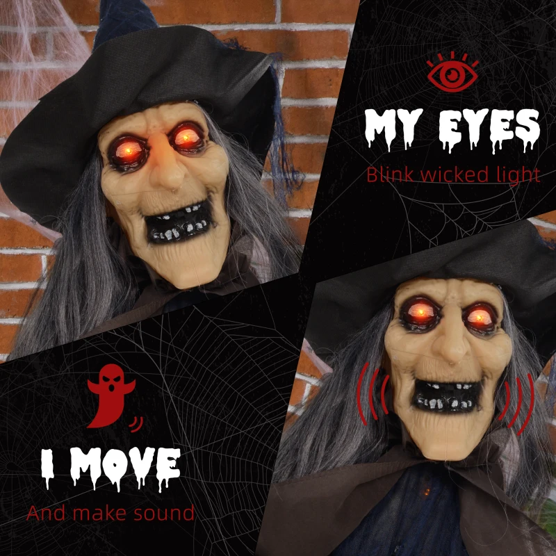 HOMCOM 6.2' Life Size Decoration Animatronic Witch w/ Broomstick Outdoor Halloween, Sound & Motion Activated w/ Light Up Eyes