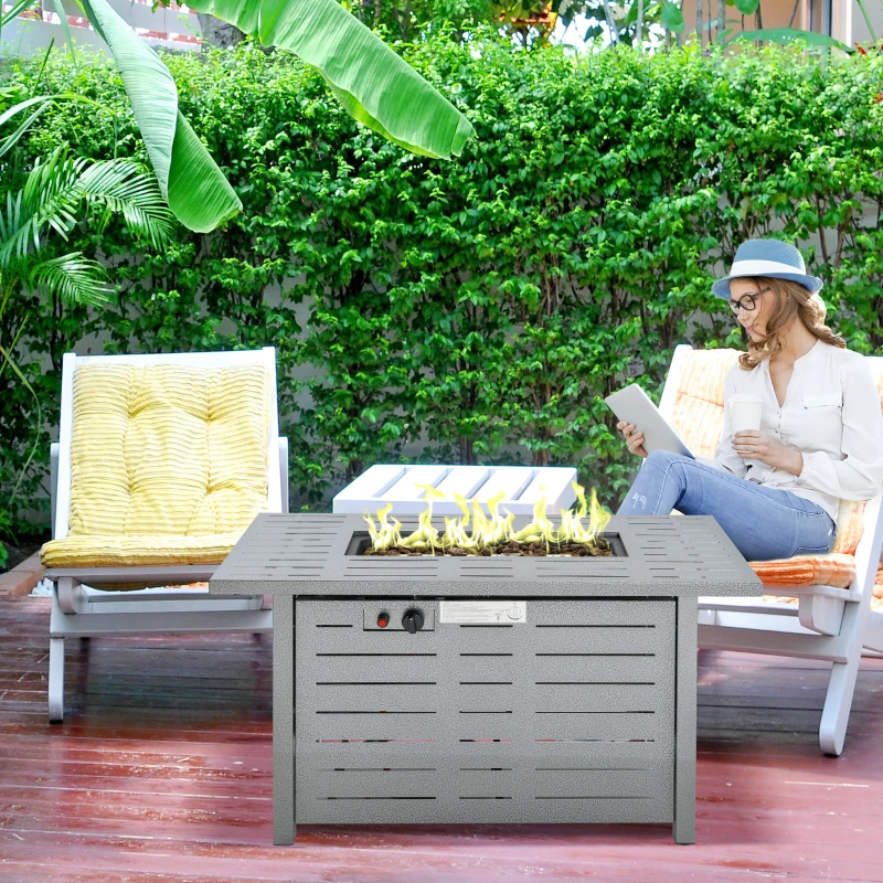 Outsunny 42 Inch Outdoor Propane Gas Fire Pit Table, 50,000 BTU Auto-Ignition Rectangular Gas Firepit with Slat Tabletop, Lid, Lava Rocks, Rain Cover, CSA Certification, Black