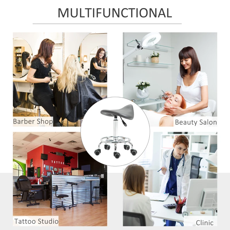 HOMCOM PU Leather Adjustable Stool, Rolling Saddle Stool with Wheels for Massage, Spa, Clinic, Beauty and Tattoo, Gray
