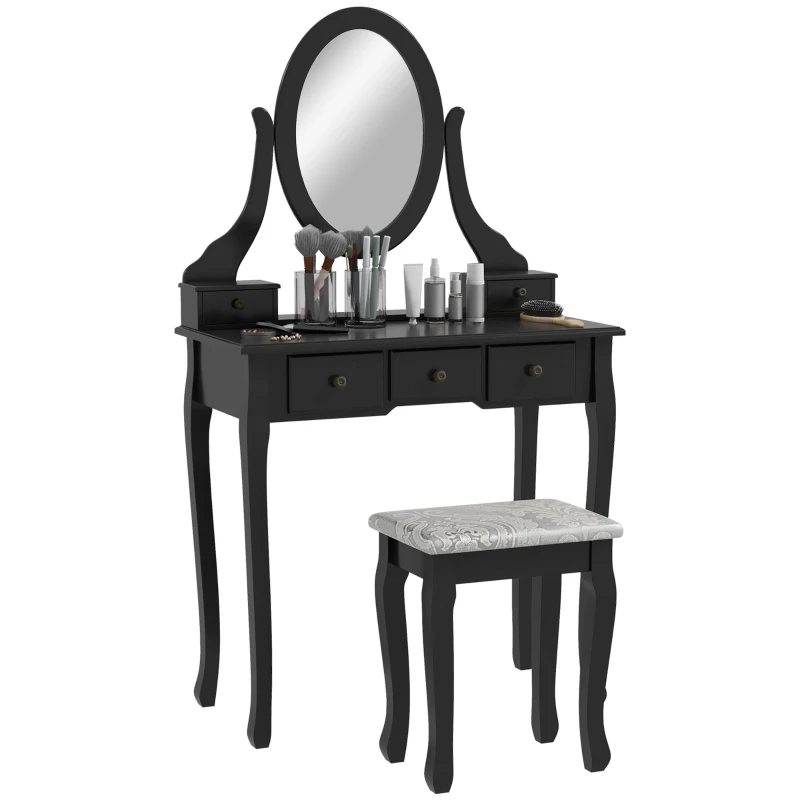 HOMCOM Vanity Desk with Stool, Makeup Vanity with 360° Rotating Oval Mirror, 5 Drawers and Padded Seat, Dressing Table for Bedroom, Black
