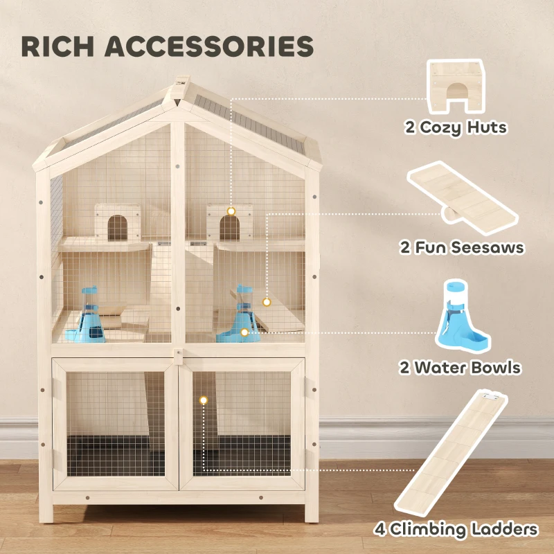 PawHut Wooden Hamster Cage, Large 3 Tier Hamster Cage w/ Pull-Out Tray, Openable Top, Hut, Seesaws, 26.8"L x 24.2"W x 35.4"H