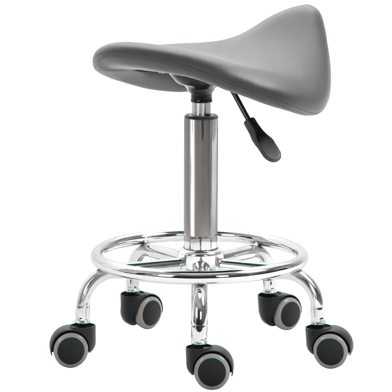 HOMCOM PU Leather Adjustable Stool, Rolling Saddle Stool with Wheels for Massage, Spa, Clinic, Beauty and Tattoo, Gray